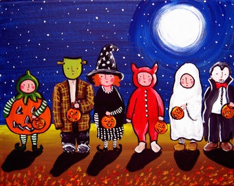 Halloween Kids 6 Little Trick or Treaters Witch Ghost Vampire Pumpkin Folk Art Giclee PRINT