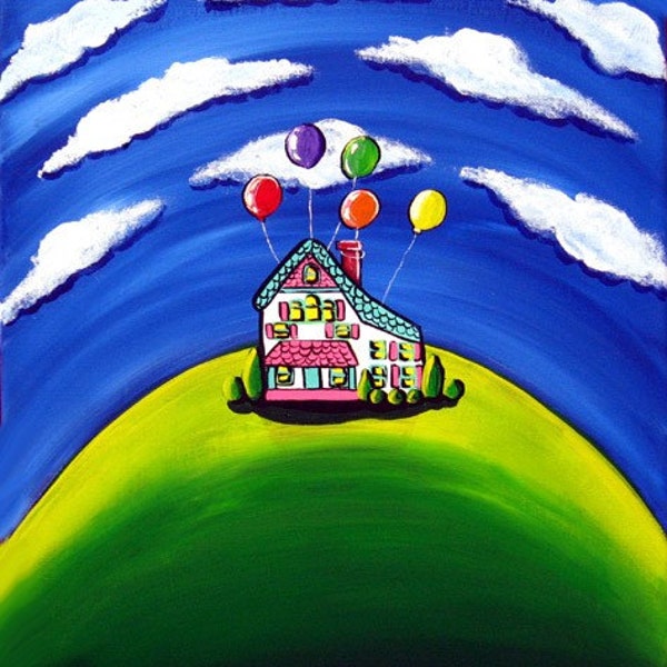 UP Whimsical House Balloons Folk Art Original Painting