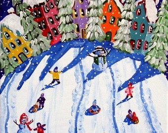 Sled Riders Whimsical Kids Snow Winter Folk Art Giclee PRINT