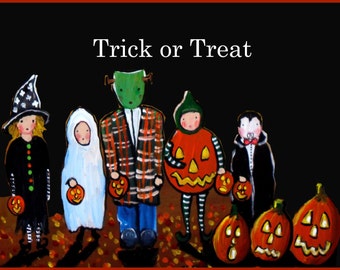 Fun Halloween Kids Trick Treat Fun Whimsical Folk Art Giclee Print