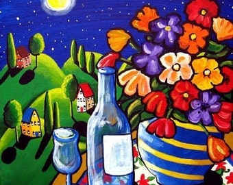 Wine Flowers Moonlight Green Hills Landscape Folk Art Giclee Print