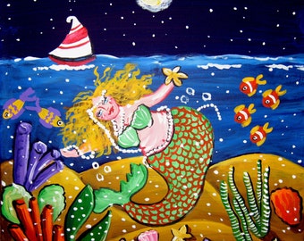 Green Mermaid Sailboat Whimsical Folk Art Giclee Print on Canvas