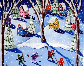 Little Hockey Players Ice Skaters Christmas Whimsical Folk Art Giclee Print