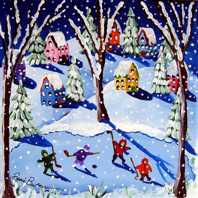 Little Hockey Players Ice Skaters Christmas Whimsical Folk Art Giclee Print image 1