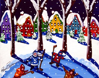 Kids Little Hockey Players Winter Snow Colorful Folk Art Giclee PRINT