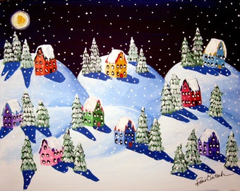 Silent Night Moon Winter Holiday Folk Art Canvas GICLEE PRINT