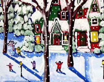 Remnants of a Snow Day Whimsical Winter Holiday Folk Art Canvas GICLEE PRINT