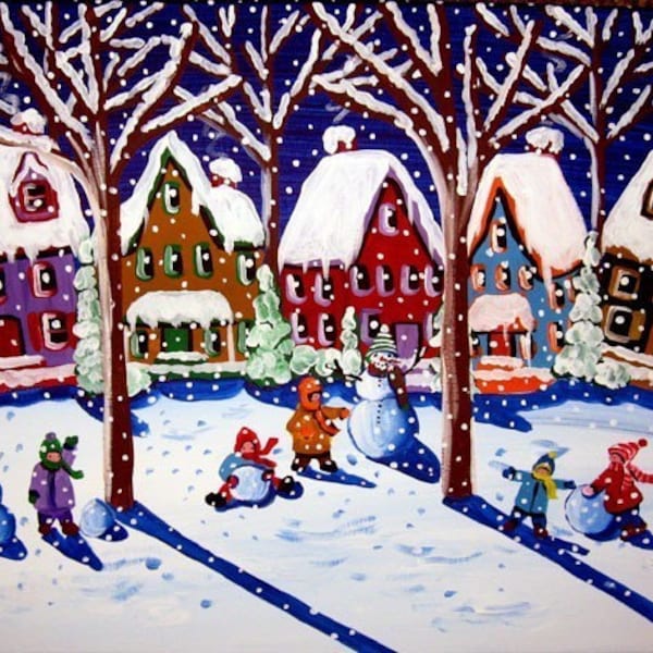 Kids Making Snowmen Fun Whimsical Winter Folk Art Giclee Print