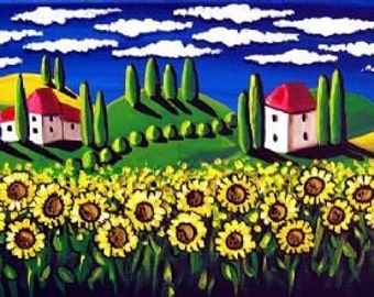 Field of Sunflowers Whimsical Tuscan Folk Art Landscape Giclee PRINT