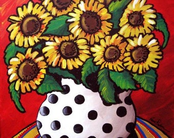 Sunflowers In White With Black Polka Dots Whimsical Folk Art Colorful Giclee PRINT