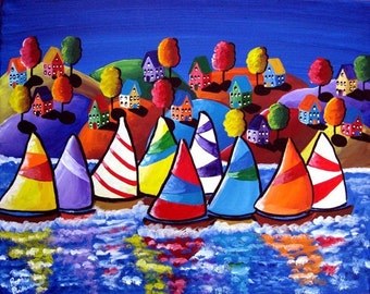 Colorful Fun Houses Sailboats Whimsical  Folk Art  Giclee Print