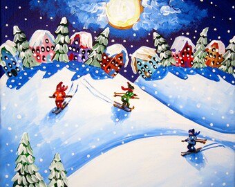 Winter Snow Ski Skiers Houses Moon Whimsical Fun Folk Art PRINT Giclee