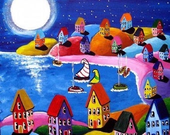 Moonlight Sail Colorful Whimsical Sailboats Folk Art Canvas Giclee Print