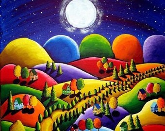 Peace on Earth 5 Houses Hills Landscape Moon  Folk Art Giclee PRINT