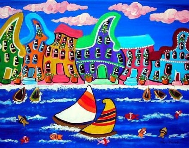 Whimsical Beach Shoreline Houses Sailboats Colorful Folk Art Giclee Print image 1