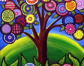 Whimsical Houses Trees Colorful Folk Art Giclee Print