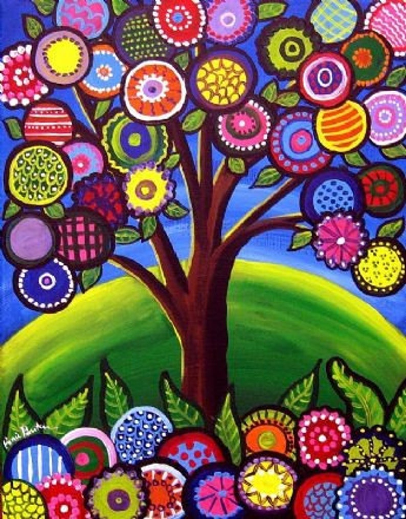 Whimsical Houses Trees Colorful Folk Art Giclee Print image 1