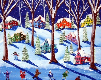 Winter Whimsical Ice Skating Kids Snow Colorful Folk Art Giclee Print