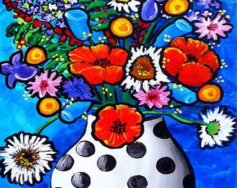 Fun Happy Summer Bouquet Blue Print Colorful Whimsical Flowers Folk Art Canvas Print