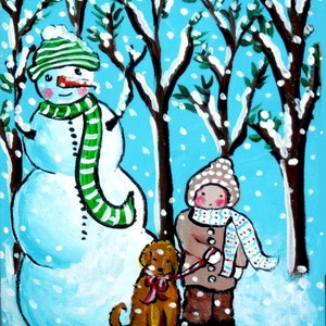Snowman Child Dog Winter Holiday Snow Whimsical Colorful Folk Art Giclee Print