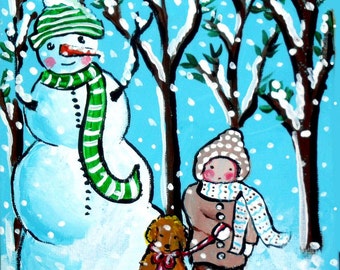 Snowman Child Dog Winter Holiday Snow Whimsical Colorful Folk Art Giclee Print