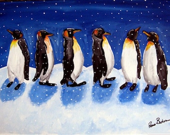 Penguins Snow Fun Winter Whimsical Folk Art Giclee Print