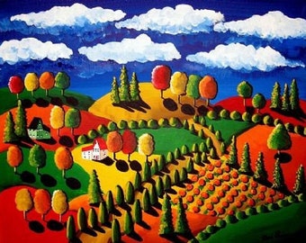 Colorful Fall Day Landscape Whimsical Folk Art Giclee Print