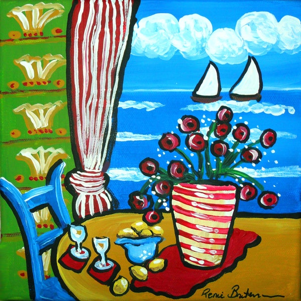 Red Poppies Sailboats Whimsical Folk Art Colorful Giclee PRINT