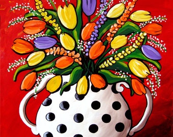 Tulips and Spring Flowers Whimsical Colorful Folk Art Giclee Print