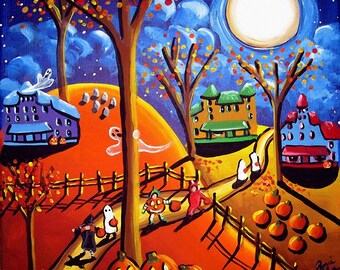 Halloween Kids Trick or Treat Under Full Moon 2 Fun Whimsical Folk Art Giclee Print