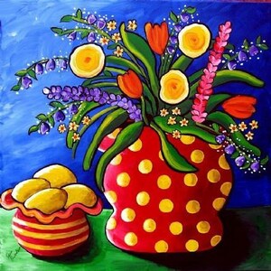 Spring Bouquet Tulips Lemons Fun Colorful Folk Art