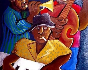 Jazz Trio Musicians Whimsical Folk Art Giclee Canvas Print