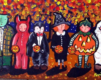 Halloween Kids Trick or Treat Fun Whimsical Folk Art Giclee Print