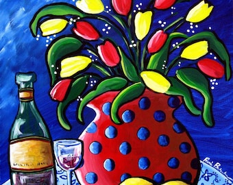 Tulips Red Polka Dots Wine Whimsical Still Life Folk Art Giclee Print