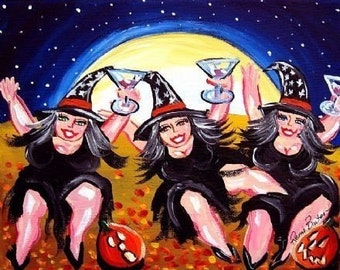 Martini Witches Fun Fall Folk Art Moon Halloween Giclee Print