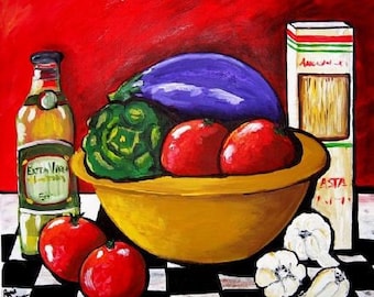 Italian Kitchen Dinner Tomatoes Eggplant Garlic  Whimsical Folk Art Giclee Print