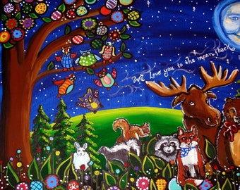 Animal Gathering Under A Full Moon Whimsical Folk Art Giclee Print