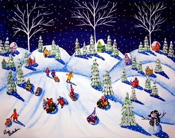 Kids Sled Riding Down Devil's Run Giclee PRINT