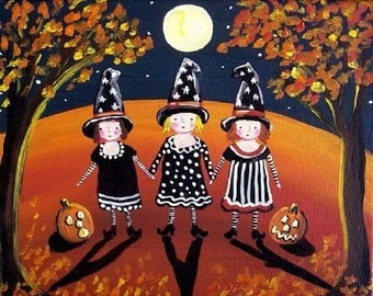 Three Little Witches Halloween Folk Art Whimsical Giclee Print