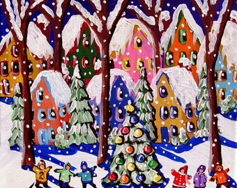 Christmas Tree Kids Sing Winter Snow Whimsical Colorful Folk Art Giclee PRINT