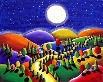 Peace on Earth 7 Houses Hills Moon Whimsical Landscape Folk Art Giclee Print