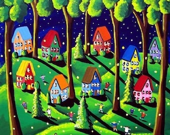 Catching Fireflies Fun Kids Whimsical Colorful Folk Art Canvas Giclee Print