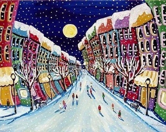 Winter City Street Christmas Holiday Whimsical Snow Folk Art Giclee PRINT