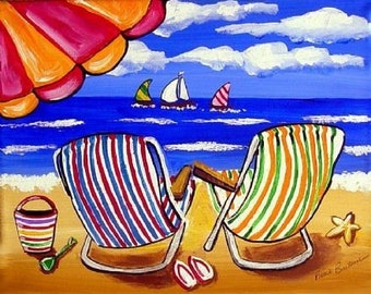 Colorful Beach Chairs Fun Whimsical Folk Art Giclee Print