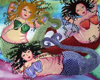 3 Mermaids Whimsical Folk Art Giclee Print