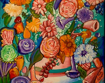 Flower Explosion Colorful Painting Original Whimsical Art Ready for Free Shipping