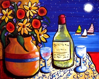 Clay Pot Flowers Wine Sailboats Colorful Whimsical Folk Art Romantic Art Print Giclee