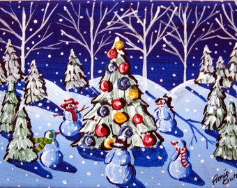 Snowman Celebration Whimsical Winter Holiday Folk Art Canvas GICLEE PRINT