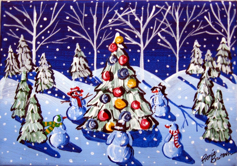 Snowman Celebration Whimsical Winter Holiday Folk Art Canvas GICLEE PRINT image 1
