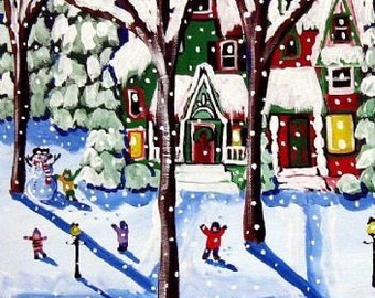 Remnants of a Snow Day Whimsical Winter Folk Art Giclee Print